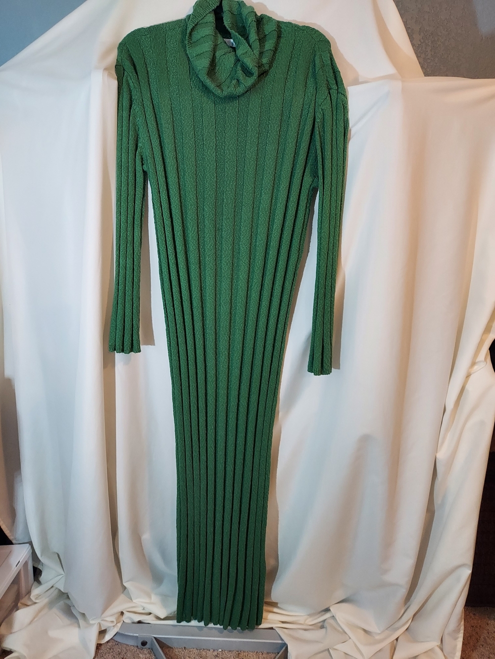 Free People FP Beach Green Ribbed Knit Cowl Turtleneck Maxi Sweater Dress M